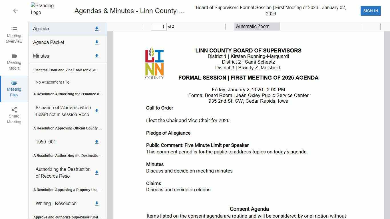 Board of Supervisors Formal Session First Meeting of 2026 •     Agendas & Minutes - Linn County, IA • CivicClerk